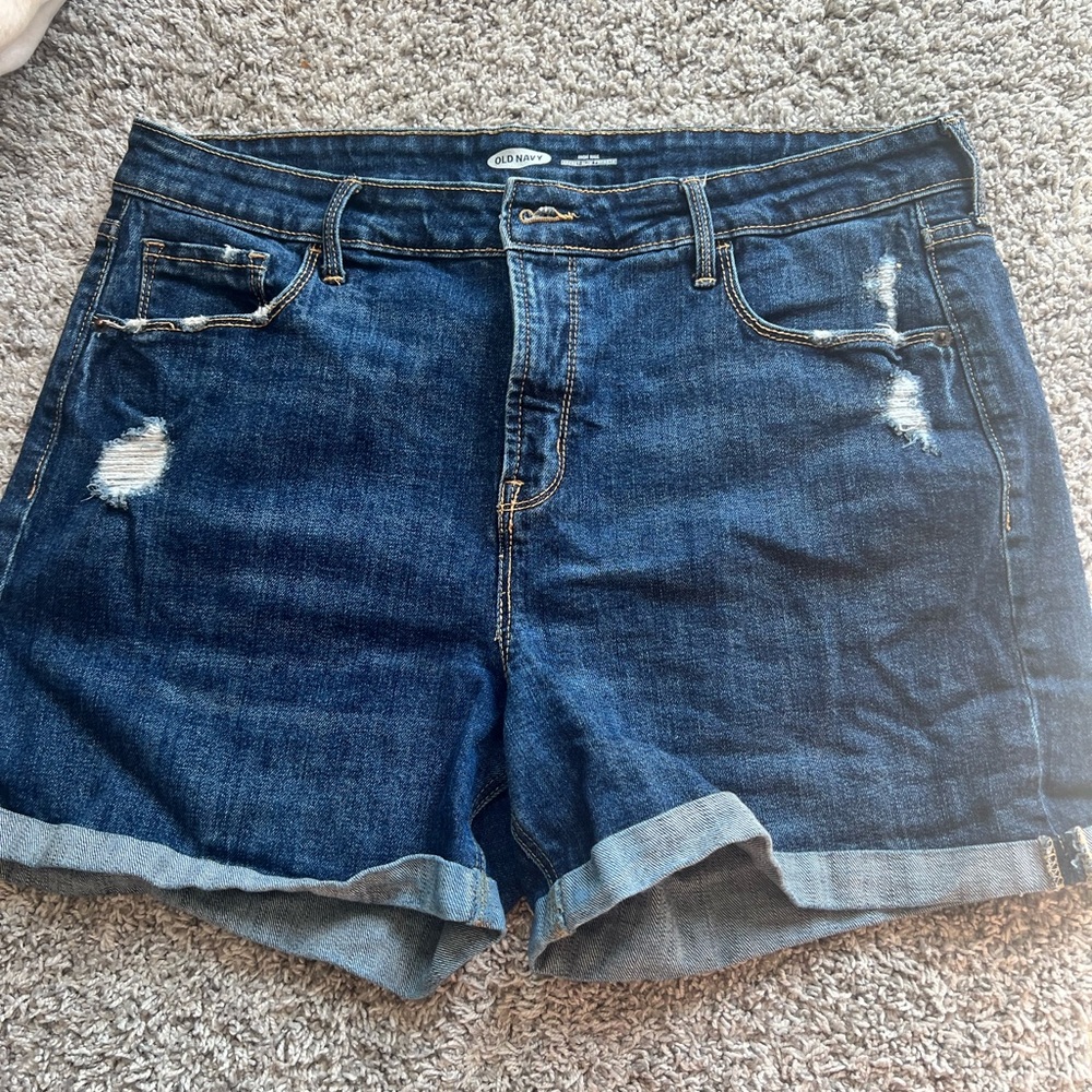 Cuffed dark wash high rise Jean shorts